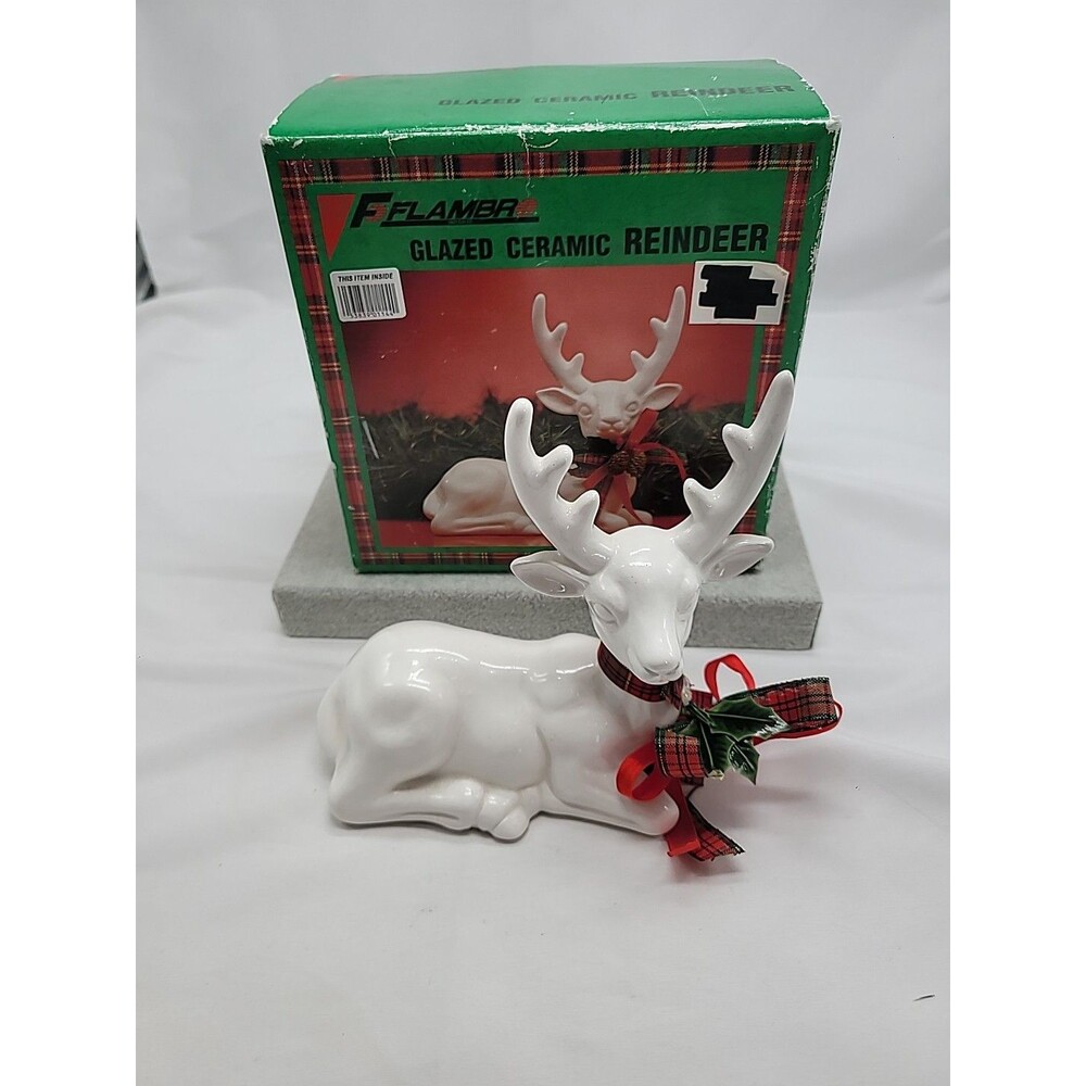 Christmas Reindeer White Glazed Ceramic Figurine With Box Flambro 1980s Holiday